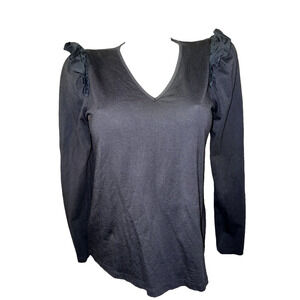 CHICO'S Top Size M (1) Black Ruffle Shoulders V-neck Long Sleeve Knit Shirt